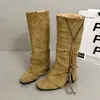 Botas de salto grosso, estilo francês, retrô, bico redondo, estilo cowboy western para mulheres, nova coleção 2026, botas de cano alto com zíperes laterais, botas da moda