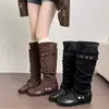 Botas altas de hebilla de cinturón desmontable de dos usos, botas de caballero western, botas largas plisadas adelgazantes, botas de mujer de nicho