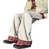 Pantalones Casuales de Estilo Americano Retro con Costuras a Cuadros y Forro de Felpa para Hombre 2024 Invierno Gruesos Cálidos Sueltos Pierna Recta Pierna Ancha