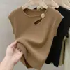 Diseño Color Albaricoque Calado Tejido de Seda Hielo Manga Corta Nuevo Verano para Mujer Cuello Redondo Ajuste Ceñido Adelgazante Top con Pequeñas Mangas Volantes