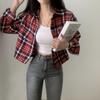Camisa Corta de Manga Larga a Cuadros con Solapa Estilo Retro Chic Coreano para Mujer 2026 Nuevo Crop Top Ajustado