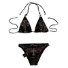 Bikini retro punk Y2K con estampado de tatuaje para mujer, alas de cruz gótica negras y rojas con pedrería, traje de baño de verano