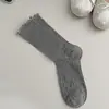 Calcetines de Malla de Color Sólido con Borde de Hongo Calados para Mujer Calcetines de Media Pantorrilla Tendencia ins Algodón Puro Verano Estilo Delgado Estilo Ballet Calcetines Largos Mujer