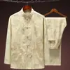 Traje Tang de Seda Gelada para Primavera e Verão para Homens de Meia-Idade e Idosos, Conjunto de Manga Longa, Camisa de Seda para o Pai, Roupa de Exercício Matinal para o Avô, Hanfu