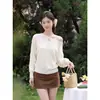 Top de manga larga informal estilo coreano con hombros descubiertos para mujer, nuevo estilo de otoño, top acanalado holgado y adelgazante, blanco lechoso