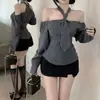 Elegante Diseño Europeo y Americano de Nicho Cuello Elegante Camisa de Manga Larga para Mujer Tirante Sexy Hombros Descubiertos Rayas Top Versátil