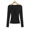 Início do Outono Nova Slim-fit Slimming Inner T-shirt Feminina Sexy Hot Girl Estilo Kink Design Ombro V Decote Base Camisa Top