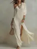Vestido de Punto Plisado Elegante de Manga Larga con Abertura para Mujer, Nuevo de Verano 2026, Estación Independiente Europea y Americana