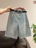 Shorts de mezclilla de trabajo florales azules de cintura alta para mujer, nuevo estilo de verano, talla grande, holgados, adelgazantes, casuales, de pierna ancha