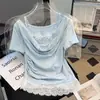 Camiseta de Manga Corta para Mujer, Nuevo Estilo Verano 2026, Estilo Francés Pura Pasión, Empalme de Encaje, Top Corto Ajustado, Moderno