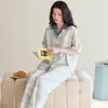 Pijama de algodón 100% de manga corta y pantalón largo para mujer, cárdigan con cuello de solapa, ropa de estar para mujer de talla grande para transmisión en vivo