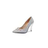 Zapatos de Comercio Exterior de Perlas Zapatos de Mujer Moda 32 Cordones Puntiagudos Boca Baja Zapatos de Salón Tacones Altos Sexy 43 Nuevo Lentejuela plateada