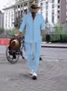 Exportação Transfronteiriça Estilo Casual Diário Gola Alta Cor Lisa Manga Longa Camisa Masculina + Calça com Cordão Terno de Algodão