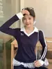 Camiseta de Manga Larga con Cuello Polo y Bloques de Color Rayados Atuendo de Principios de Otoño para Mujer Base Rayada Ajuste Delgado