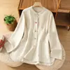 Foto real de camisa vintage de algodón y lino estilo chino nuevo para mujer, chaqueta cárdigan de botones tradicional de algodón y lino para primavera y otoño, top holgado