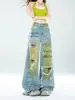Jeans rotos de graffiti desgastados de moda para mujer, nuevo de otoño 2026 de cintura alta, holgados, rectos, de pierna ancha, largos