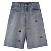 Calça jeans bordada de cinco pontos com estampa de cachorrinho azul nostálgico, unissex, cintura alta, reta, justa, perna larga, para casal, primavera e verão