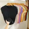 Tricô de Seda de Gelo Feminino Verão Fino 2024 Novo Estilo Slim Gola Redonda Cor Pura Versátil Ombro a Ombro Manga Curta