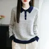 Camisa de Lana 100% con Rayas en Solapa, Suéter de Punto Retro con Bloques de Color, Chaqueta Holgada Estilo Perezoso de Otoño e Invierno, Ropa de Abrigo Versátil