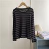 Camiseta de manga larga a rayas japonesas para mujer, estilo americano, cuello redondo, holgada, informal, ropa de baile para mujer, ropa de práctica, top para mujer