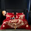 Juego de Cuatro Piezas de Algodón de Fibra Larga de Gama Alta para Boda Juego de Boda Chino Bordado Rojo Ropa de Cama de Boda de Algodón Puro