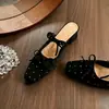 Mules de Verano sin Talón Cuadrados para Mujer, Calzado de Exterior de Verano, Tacón Grueso, Que Aumentan la Altura, Medias Zapatillas Negras de Satén con Lazo
