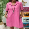 2026 Aliexpress Amazon Wish Cruzado Europeo y Americano Algodón y Lino Color Sólido Hombro Caído Manga Corta Bolsillo Vestido Casual