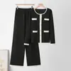 Conjunto de moda de comércio exterior transfronteiriço, novo conjunto estiloso para outono e inverno, calça de malha com botões e perna larga, conjunto de duas peças de malha