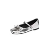 Sapatos Casuais Femininos de Couro Genuíno Estilo Novo com Bico Quadrado e Fivela, Sapatos de Salto Cuña de Couro Bovino Confortáveis e Macios, Adequados para Todas as Estações, Cor Prata
