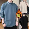 Moletom masculino com gola alta e forro de fleece, camada base espessa, camiseta de manga longa, estilo outono e inverno