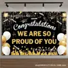 Banner de telón de fondo para fiesta de graduación transfronteriza, telón de fondo negro y dorado "Felicitaciones por la Graduación", fondo de decoración para ceremonia de graduación