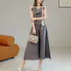 Conjunto Plissado para Mulheres, Conjunto de Duas Peças de Verão, Alto Padrão, Rejuvenescedor, Top Camiseta Alça Assimétrica, Calça Casual Solta Emagrecedora