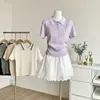 Nova Moda Primavera e Verão Estilo Coreano Exclusivo de Shopping Manga Curta Tricô Trançado Feminino Cor de Faculdade Blocos de Cor Tricô Polo Manga Curta Top Fino