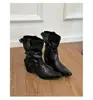Primer Encuentro Temporada Estilo Chica Picante Negro Nicho Retro Punta Puntiaguda Botas de Caballero Apiladas Otoño Invierno Hebilla de Cinturón Botines Cortos Western Tacón Grueso