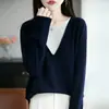 Jersey de punto de cuello alto a rayas, falso dos piezas, versátil, de cuello en V, suéter de bloques de color de moda para mujer, otoño, invierno