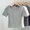 Camiseta feminina de manga curta feminina 2025 nova gola redonda grande de aba larga com rosca camiseta temperamento cintura elástica jaqueta atacado