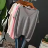 Verano Nuevo Gordo mm 1.0-150 kg Talla Extra Grande Holgada Delgada Cuello en V Manga Corta Camiseta para Mujer Seda de Hielo Versátil Top de Moda
