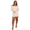 Vestido plissado liso de cor sólida para mulheres, estilo europeu e americano, com decote ombro a ombro, acinturado, saia justa, sem alças, manga longa, confortável para ficar em casa