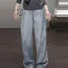 Jeans Leve Azul Claro de Corte Reto com Pedrarias Estilo Preguiçoso para Mulheres, Novo Simples Versátil Casual para Outono e Inverno