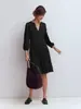 Vestido-camisa casual feminino de outono novo, estilo europeu e americano, cor sólida, gola V, manga longa, modelagem solta, vestido evasê acinturado