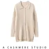 Abrigo de moda de cachemira con cuello polo para mujer, cárdigan de punto versátil de cachemira de cabra de longitud media, camisa simple de manga larga