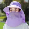 Chapéu de Sol Removível para Mulheres Verão Estilo Coreano Chapéu de Topo Vazio Aba Larga Anti-UV Chapéu de Sol para Ciclismo Chapéu com Máscara Facial