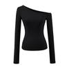Camiseta Tendência Gola Bardot Manga Longa Cor Sólida Outono Nova Versátil Slim Fit Top Básico