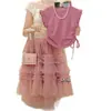 Conjunto de Vestido de Verão para Meninas 2025 Novo Estiloso Camiseta de Manga Curta Vestido de Princesa em Renda Conjunto de Duas Peças