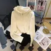 Suéter largo de punto holgado con capucha y manga larga para mujer, chaqueta corta de punto ajustada para mujer petite en color blanco roto