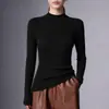 Top de punto base 100% imitación lana pura para mujer, con cuello semi alto, patrón de espiga, corte ajustado y mangas largas