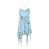 Vestido corto de tirantes de malla de seda con estampado de moda, explosiones de verano transfronterizas para mujeres europeas y americanas