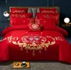 Bordado de algodón de alta gama 140 rojo boda juego de cuatro piezas dote dragón y fénix categoría de cama de algodón al por mayor
