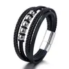Pulseira de Couro PU Trançada Multicamadas Moda Europeia e Americana Novos Produtos Transfronteiriços Pulseira Masculina de Liga Metálica com Fecho Magnético Pronta para Venda