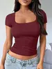 Amazon Transfronterizo Verano 2026 Camiseta de Manga Corta de Color Sólido Ajustada con Cuello en U para Mujer Estilo Skims Top Sexy para Mujer